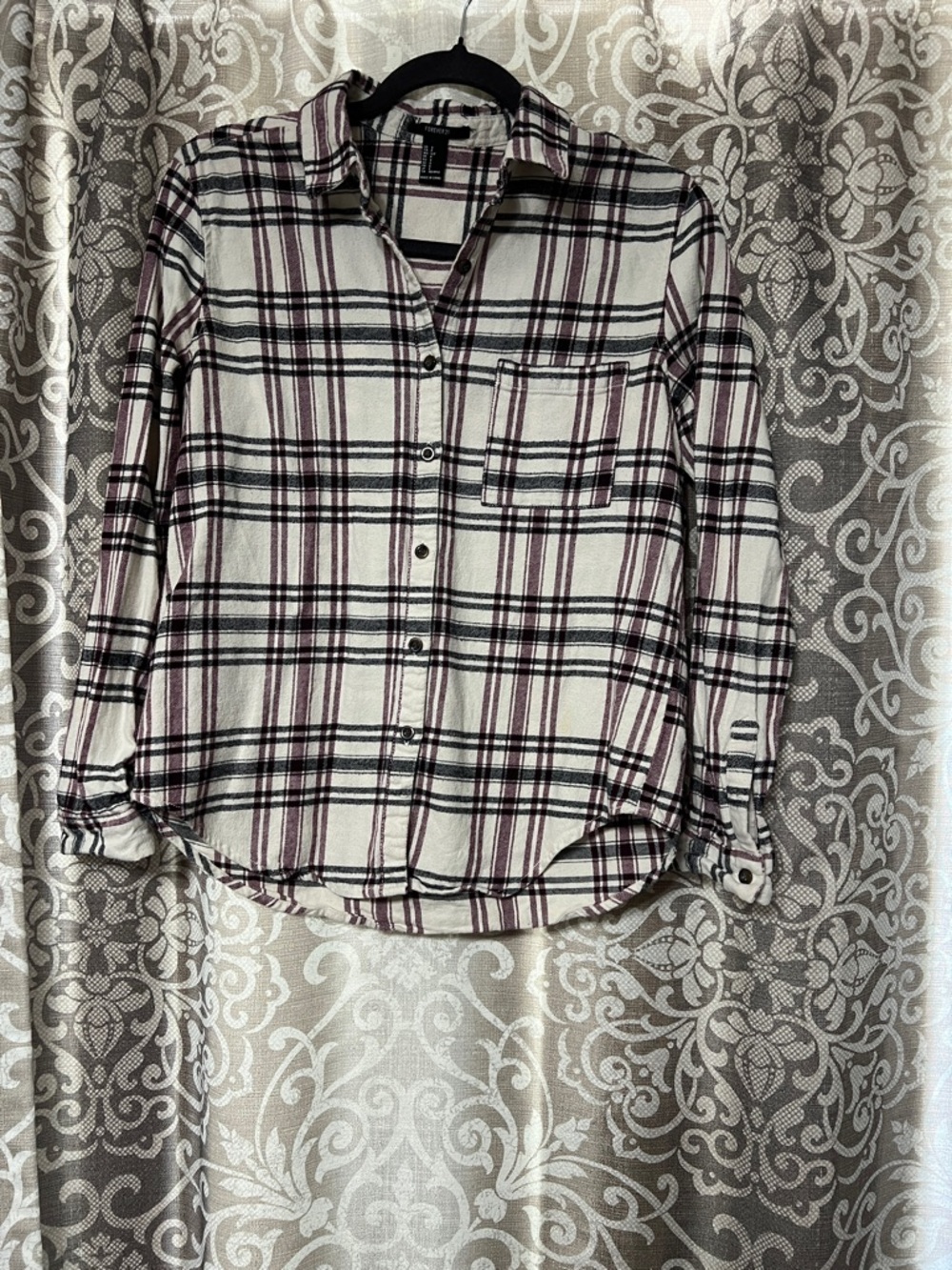Forever 21 White Plaid Button-Down Shirt with Black and Burgundy Stripes
